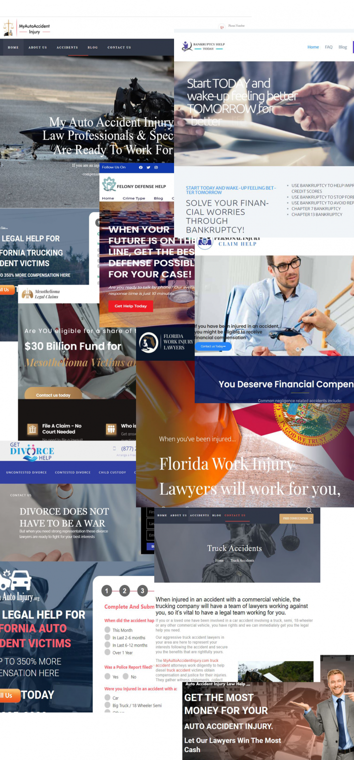 Mosaic of NewlingCo LLC client websites — The5StarAttorney, BellasSegreto, BestNewGifts, Smith Owens, Strategic Legal, Jeffrey Mitchell, Knoll Walters, Parker Brown, Brandt Matthewson, KantRider